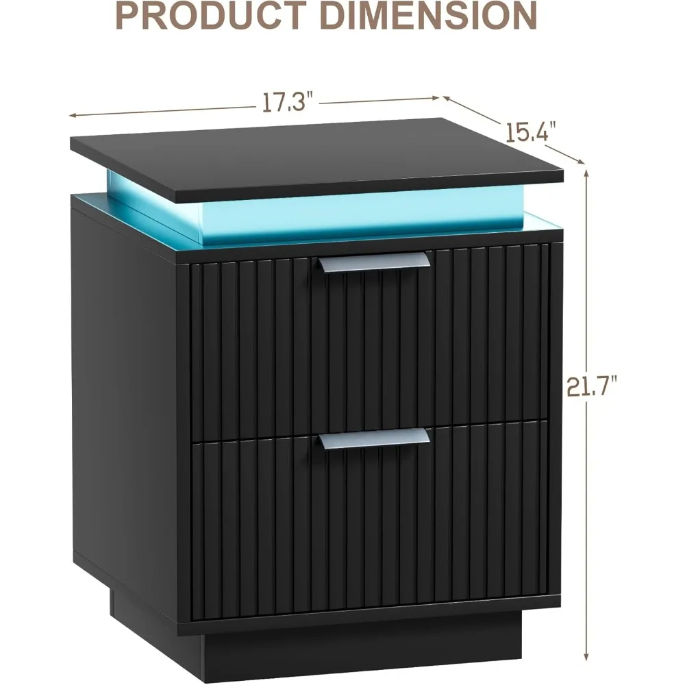 Nightstand with LED Light, Set of 2 Night Stand with Drawers, Black Bedside Table, Modern End Side Table for Bedroom 2