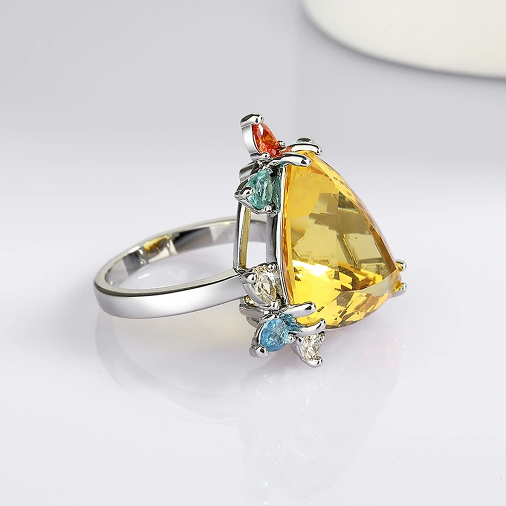 Trendy Ring Pave Big Triangle Yellow Cubic zircon Thick Silver Plating Brass Metal Pretty Fashion Jewelry For Women