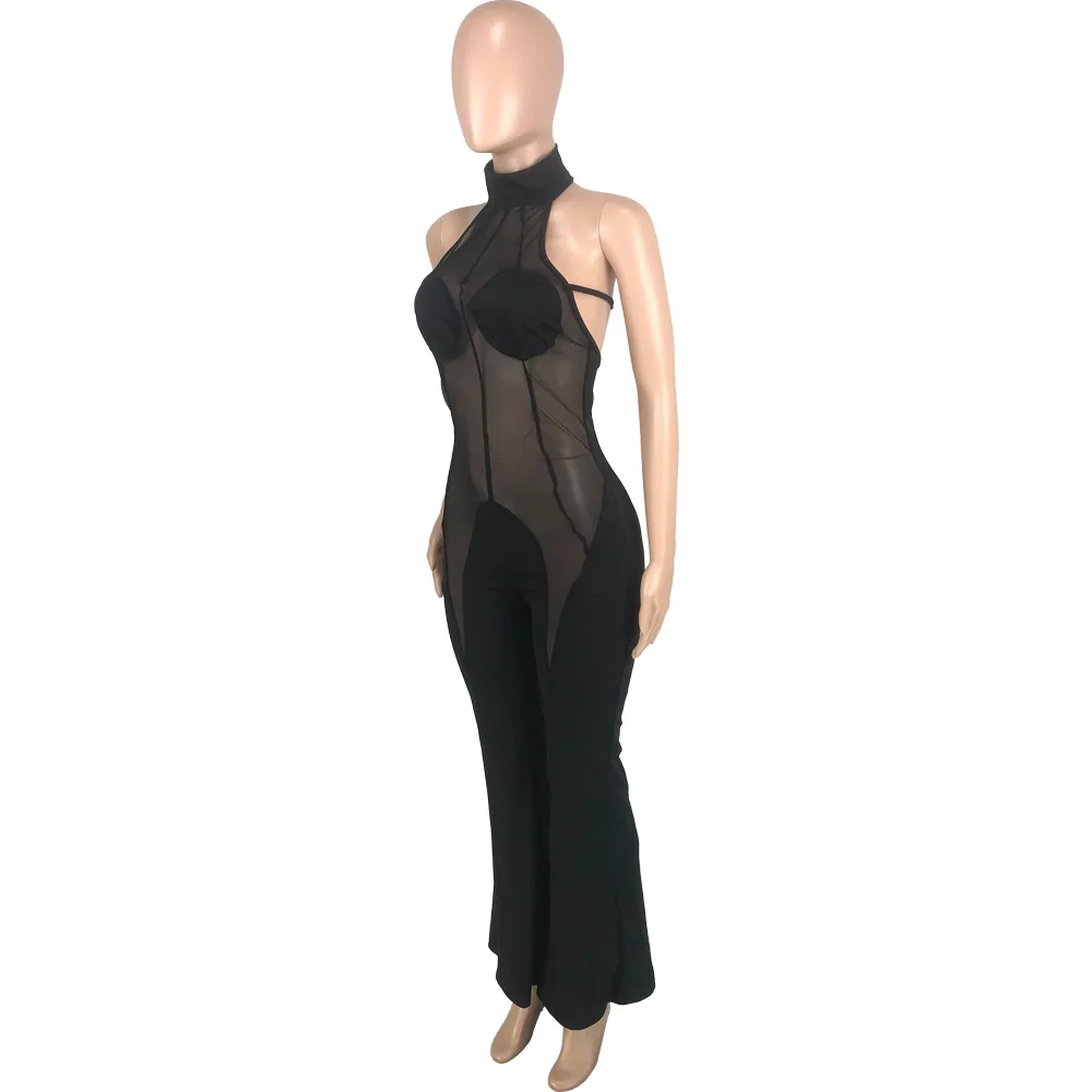Women's Sexy Backless Flared Jumpsuits Fall Fashion Ladies Night Club Sleeveless Patchwork Mesh Bell Bottoms Jumpsuit