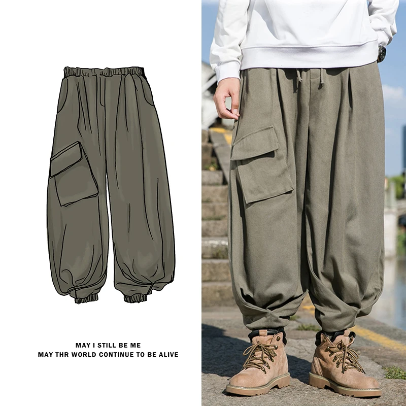 

Japanese Streetwear Men's Solid Color Pocket Drawstring Jogger Pants Casual Hip Hop Straight Pants Retro Wide Leg Cargo Pants