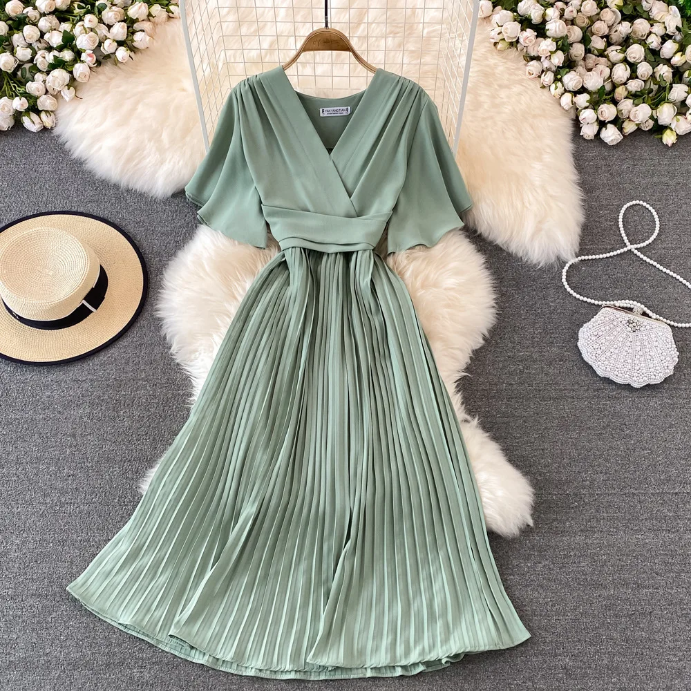 Women Elegant Pleated Dress Summer Short Sleeve V-neck Vintage Dresses Ladies A Line High Waisted Midi Dress