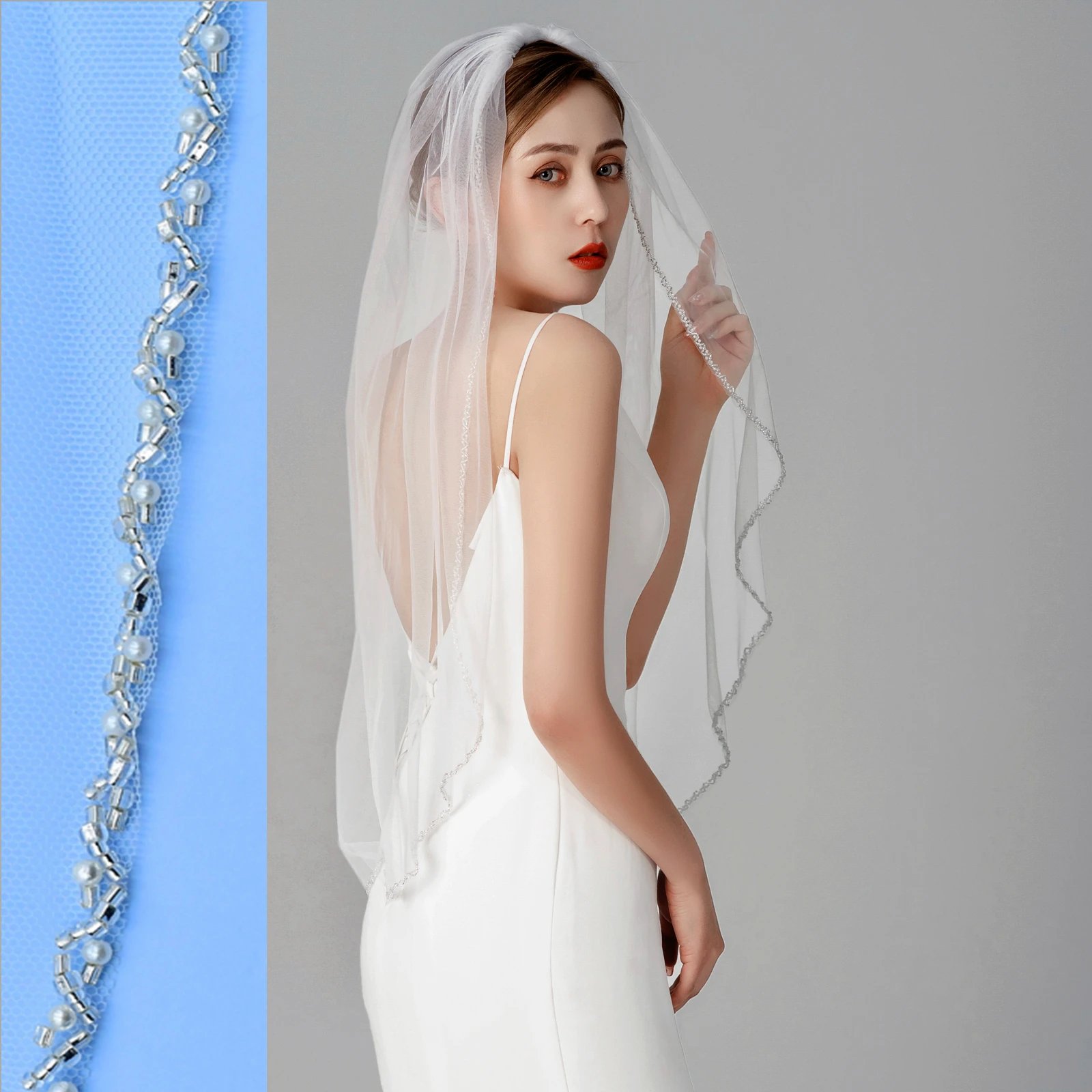 цена TOPQUEEN V32 Bridal Veil Crystal Beaded  Bead Edge Short Veil with Comb Simple Layer Bridal Veil with Rhinestones Clear Crystal