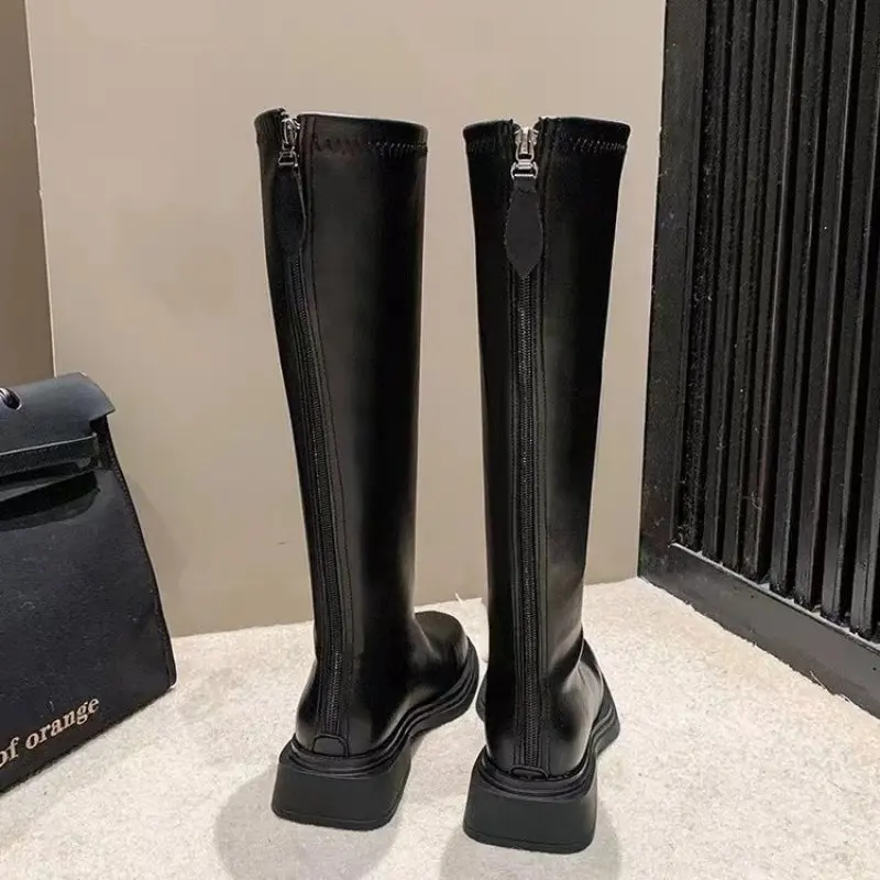 Heel Lady Boots Round Toe Women's Shoes Platform Women Zipper Over-the-Knee Clogs Rubber Autumn Basic Solid Retro Fashion New 40