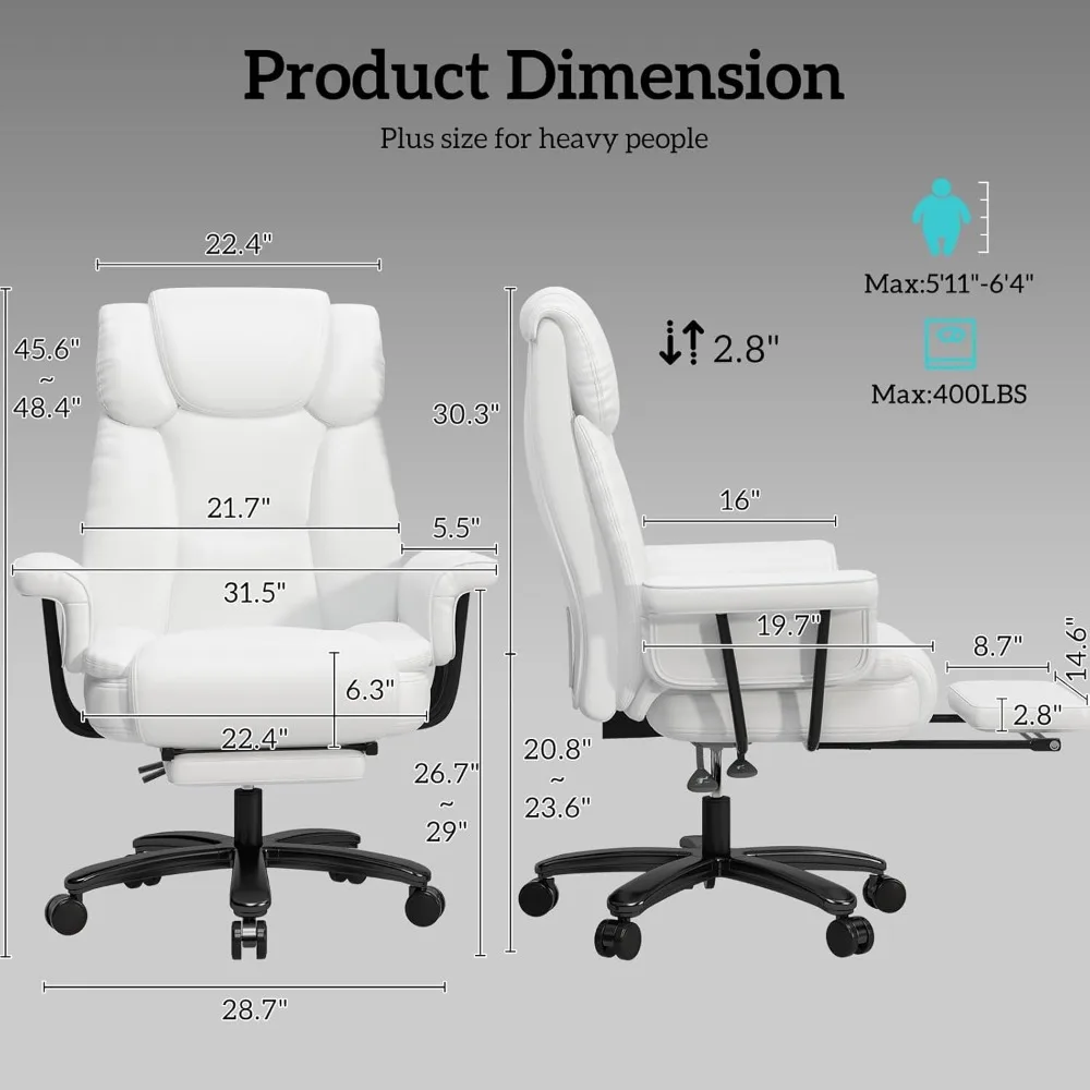 Big and Tall Office Chair 400LBS, 160° High Back Reclining Office Desk Chair with Wide Seat, Arms, Footrest, White 2