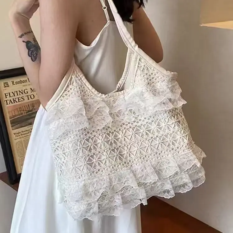 JIAERDI Fairycore Aesthetic Lace Beige Shoulder Bags Women 2025 Spring Summer Large Capacity Tote Bag Hot Girls Y2k Handbag Chic