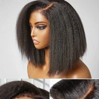 Perruque Courte Bob Lisse Kinky Péruvienne Sans Colle Cheveux Humains 13x4 Yaki Lisse Lace Front Pré-Pluckée avec Fermeture 250% 3