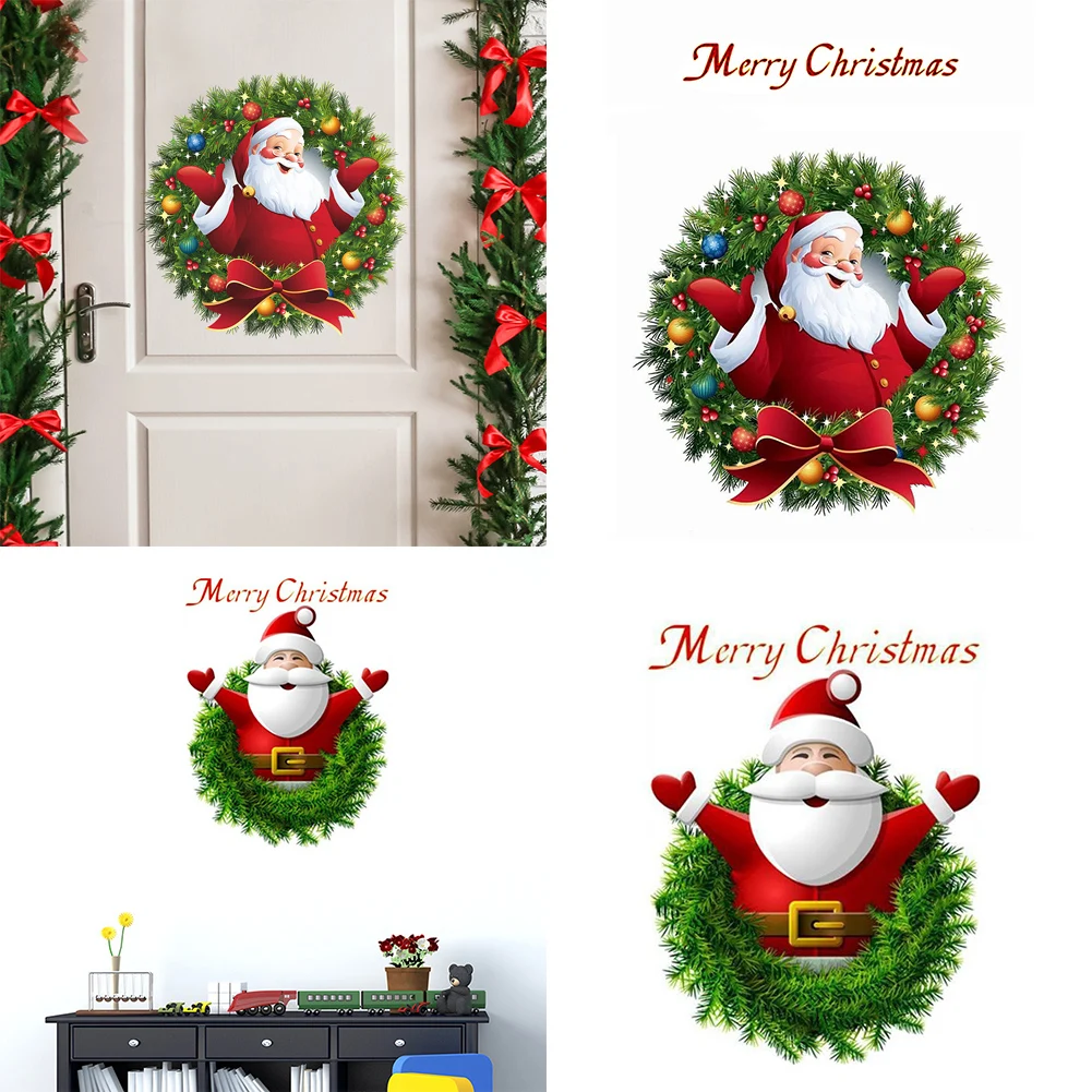 

Merry Christmas Santa Claus Wreath Pattern Pvc Sticker Window Wall Sticker Living Room Home Party New Year Stickers Decor