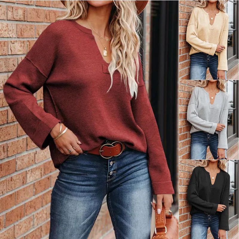 

European American Woman Knitted Sweater for Spring Autumn Winter Grey Wine Red Khaki Black V-neck Long Sleeve Bottoming Shirt