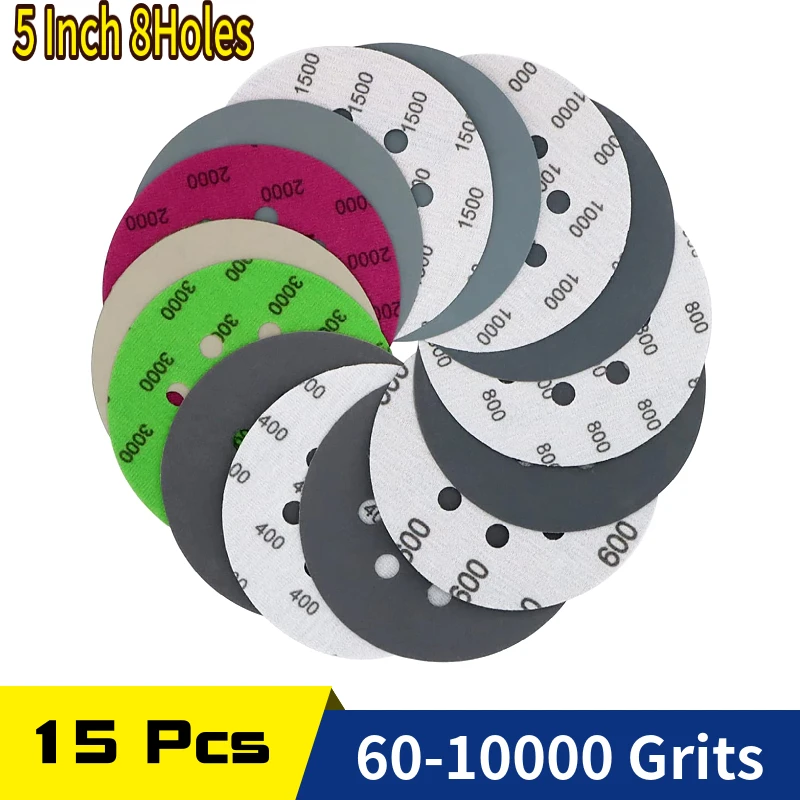 

5 Inch 8 Hole Sanding Discs Hook Loop Wet Dry Sandpaper 125MM Silicon Carbide for Random Orbital Sander Polishing Finishing