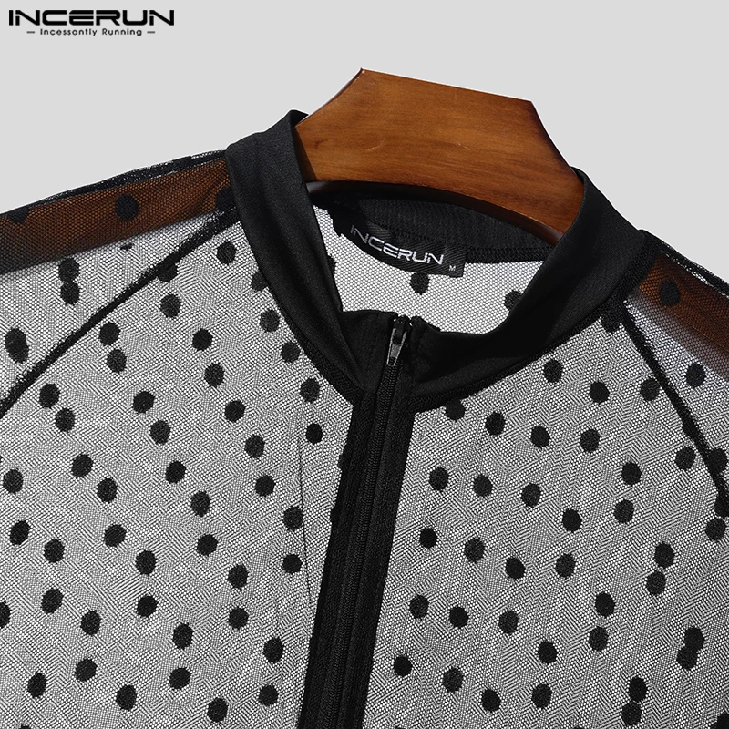 American Style Sexy Rompers Mens Stylish Homewear Jumpsuits Spliced Polka Dot See-through Mesh Thin Bodysuits S-3XL