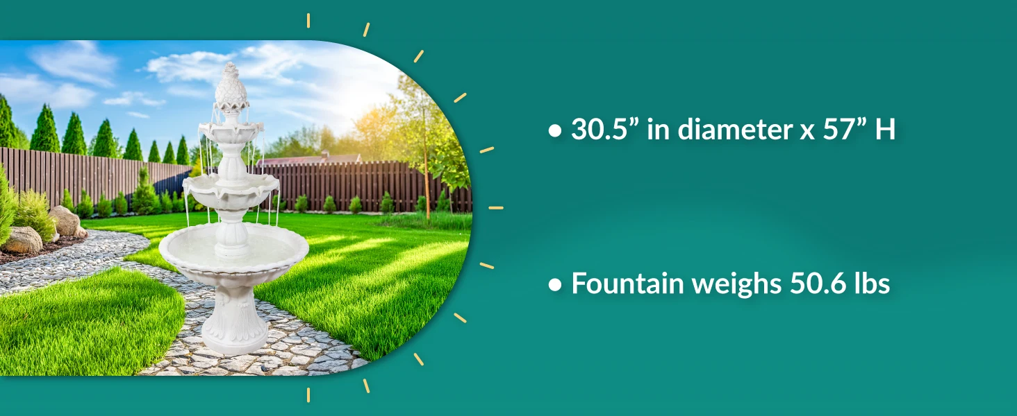30.5 inch diameter x 57 inch height fountain weighs 50.6 pounds