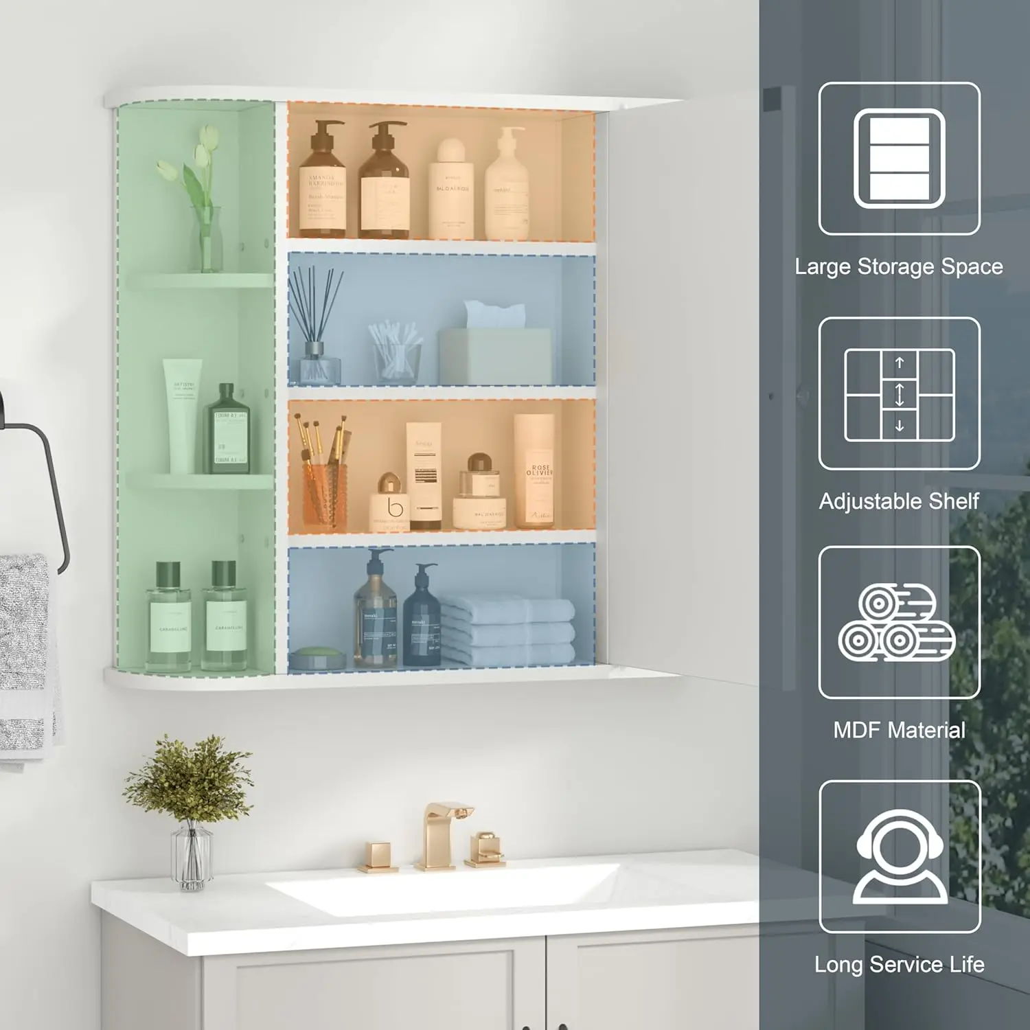 Bathroom Medicine Cabinet with Mirror, Wood Medicine Cabinet with Adjustable Shelf, Mirrored Door Over The Toilet Storage