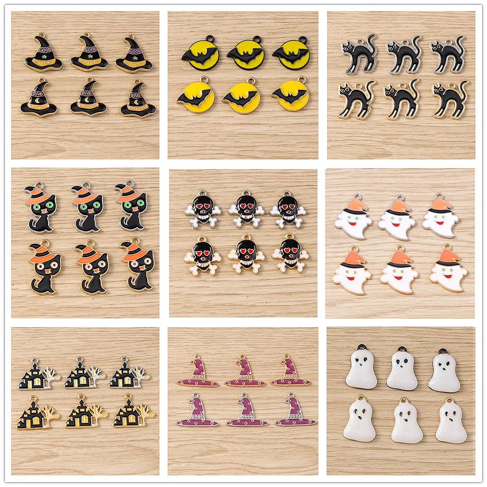 Tusember 20 Stück Emaille-Hexenhut-Katzen-Schädel-Fledermaus-Spinnen-Charm-Anhänger für Halsketten, Ohrringe, DIY-Armbänder, Halloween-Schmuckherstellung