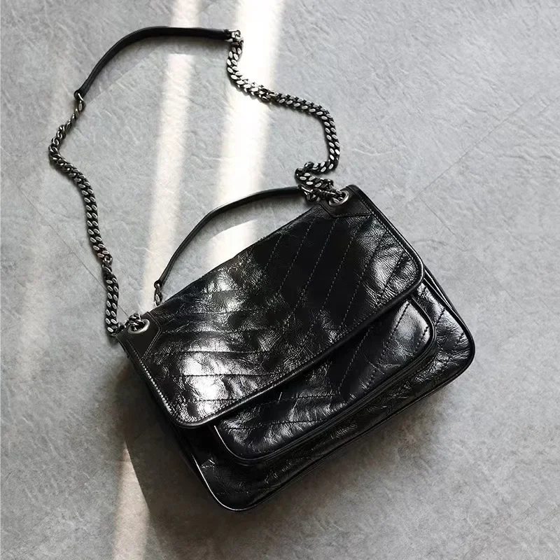 

2023 New Genuine Leather Women's Bag Versatile Retro Oil Wax Leather Messenger Bag Chain Bag Luxury and Fashionable