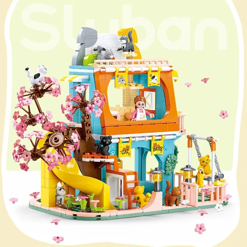 Sluban Friends City Cat Hotel Set Ragazza A-Frame Pet House Appartamento Giardino Villa Sakura Tree Building Blocks Giocattolo Animale Regalo Per Bamb