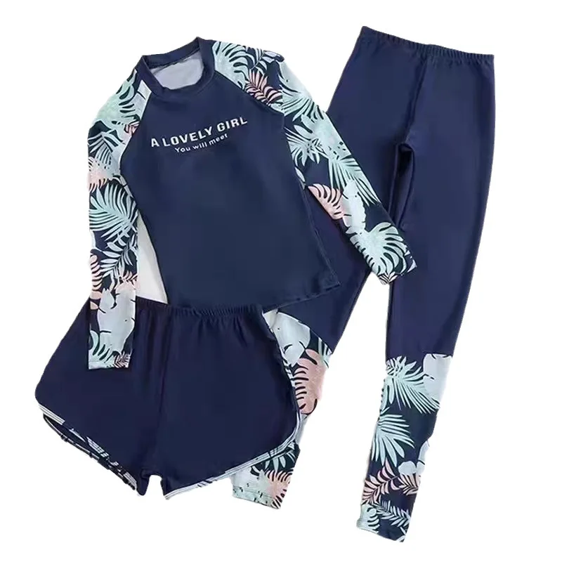 Long Sleeve Surfing Swimsuit Women 3-Piece Diving Clothes Print Swimwear with Shorts Pants Beachwear Bathing Swimming Suit
