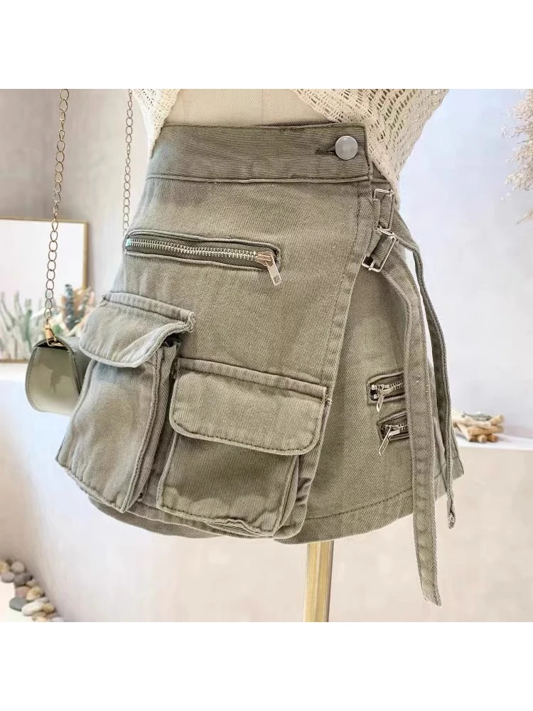 

Women Army Green Denim A-line Cargo Skirt Vintage Y2k Skirt Harajuku Kawaii Mini Jean Skirts Emo 2000s Aesthetic Trashy Clothes