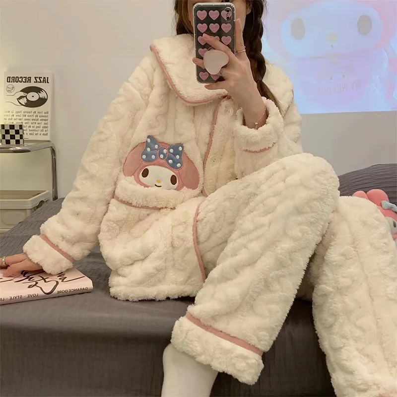 

My Melody Flannel Pajamas Kuromi Cinnamoroll Women's Autumn and Winter Plush Thick Pajamas Cartoon Sweet Cute Flannel Homewear