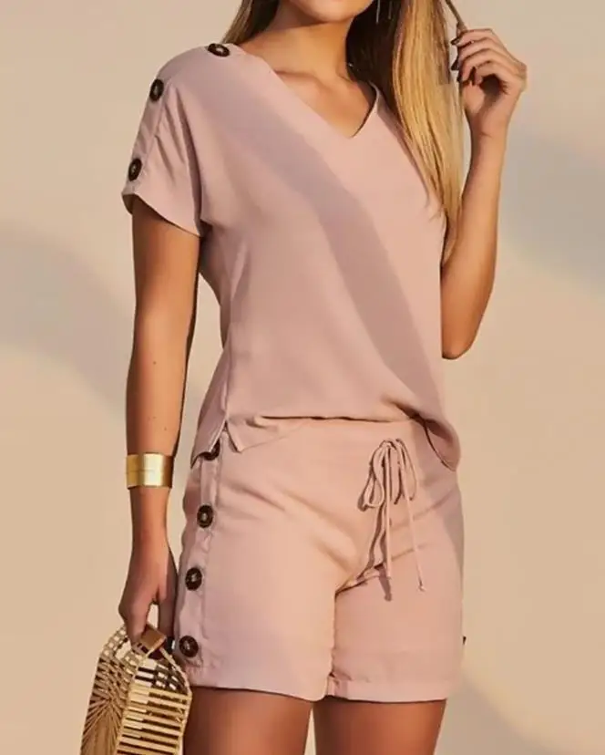 Two Piece Set Women Outfit 2023 Summer Fashion New Women's Casual Clothing Plain Buttoned T-Shirt & Drawstring Shorts Set Female