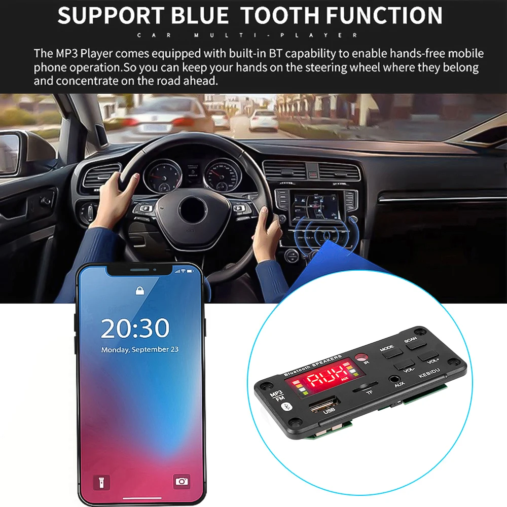 Hot Sale No Amplifier Big Screen 12V MP3 WMA Wireless Bluetooth 5.0 Decoder Board Audio Module USB FM TF Radio AUX Input For Car