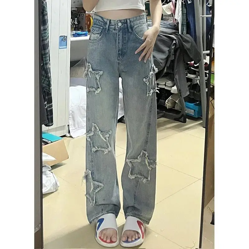 

Women's Straight Leg Pants Streetwear Blue Jeans Woman High Waist Denim Trousers Y2k Vintage Clothes Korean Fashion Aesthetic
