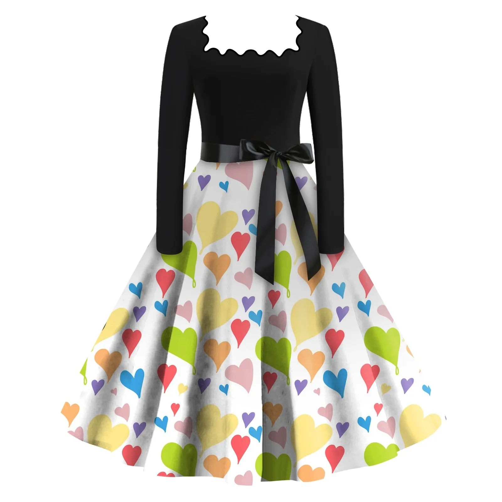 

Women's Casual Fashion Square Neck Long Sleeve Valentine's Day Printed Vintage Dresses A-Line Skirt Streetwear Spring 롱스커트