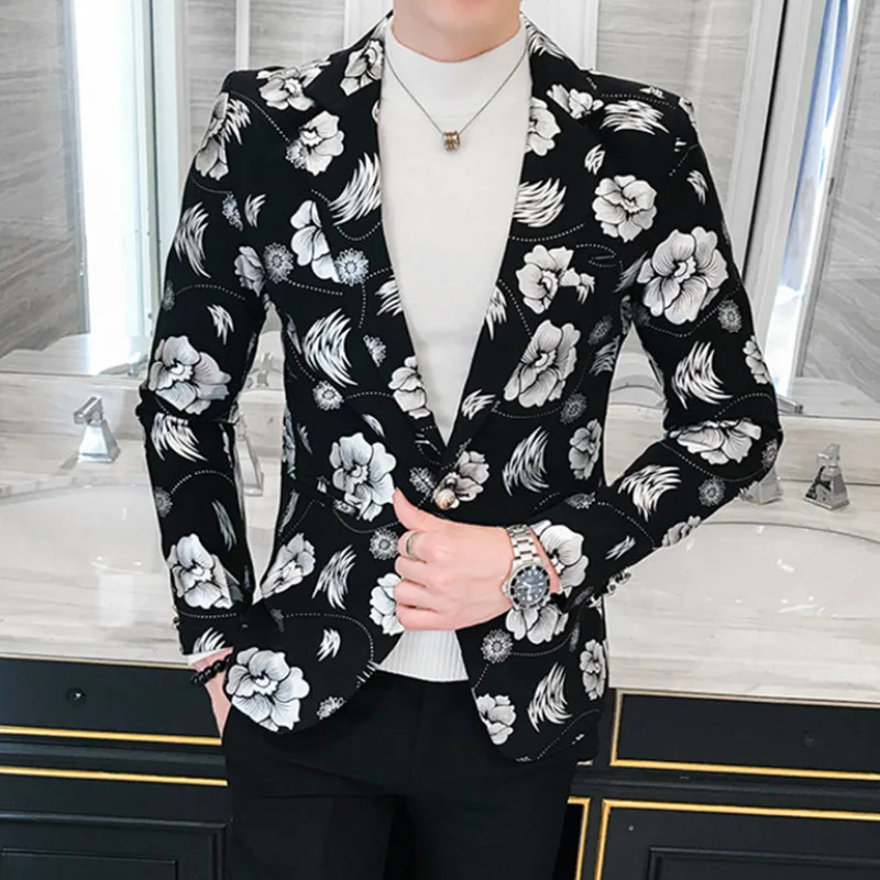2024 Four Seasons Men Hot Stamping Floral Fashion Handsome Printed Business Casual Suit Korean Version Slim-fit Suit  Blazer 4
