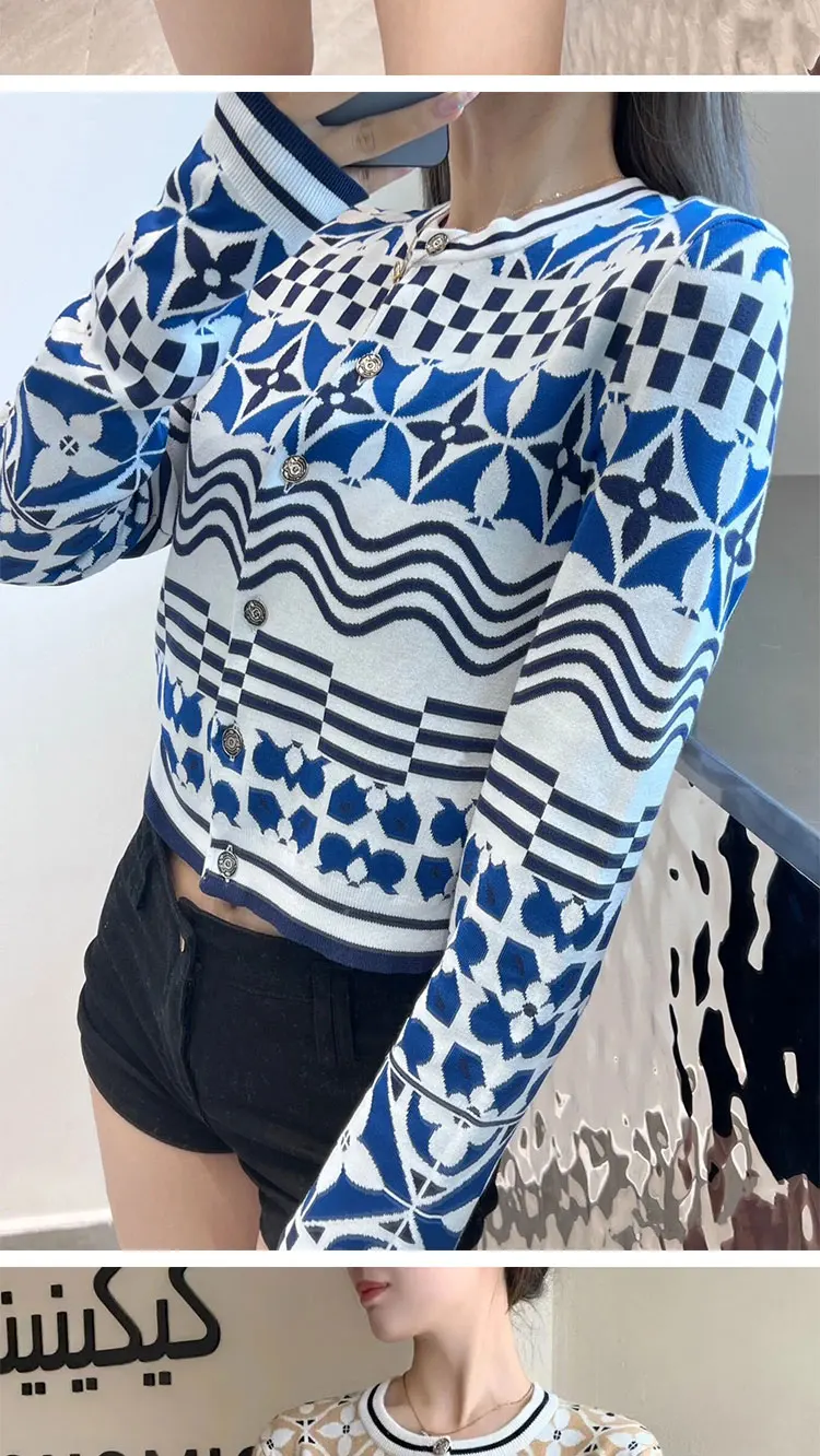 Description Picture 6 of itemJacquard Cropped Knit Cardigan Monogram Flower Tile Thick Sweater Luxury Brand Women Tops Autumn Winter Knitwear Coat Clothing