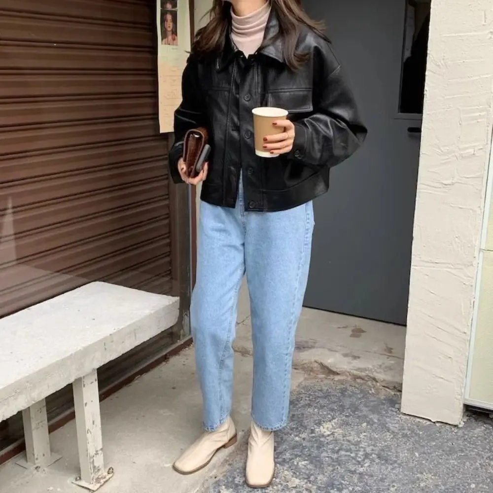 Y2k Lapel Collar Leather Jacket Women Korean Chic Retro Vintage PU Coats Outerwear Zipper Overcoat Streetwear