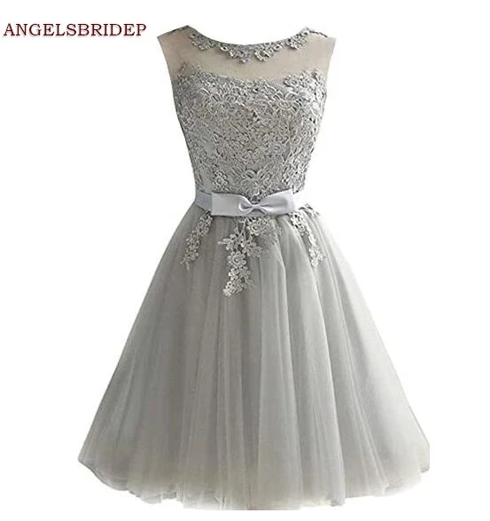 

ANGELSBRIDEP Sheer-Neck Short Homecoming Dresses Vestidos De Festa Applique Sash Cinderella Graduation Birthday Party Gowns