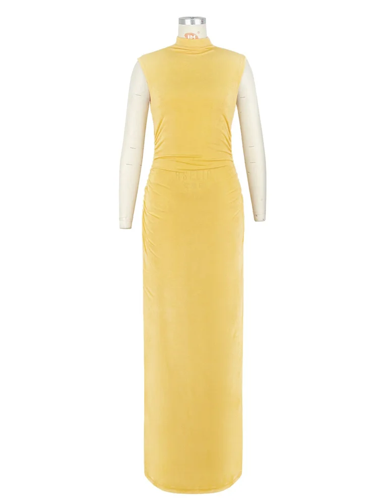 Wmstar Dress Women Elegant Sleeveless Half High Neck Pleated High Stretch Summer Clothes Long Dresses Wholesale Dropshipping