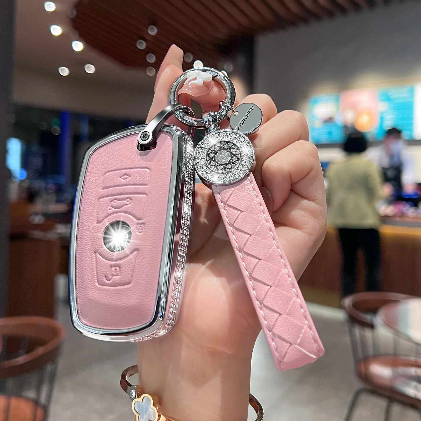 RUABIBAN Pink Genuine Leather Mercedes Key Fob Cover With Crystal Accents & Keychain