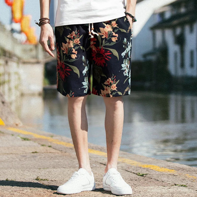 2023 Summer New Boutique Flower Cotton Linen Men's Casual Beach Shorts Men's Comfortable Breathable Leisure Shorts Male 3