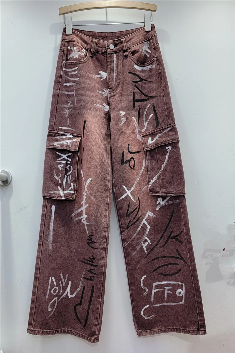 Fashion Handsome Letter Print Casual Denim Overalls Women's Autumn High Waist Loose And Slimming All-Match Wide Leg Jeans Pants