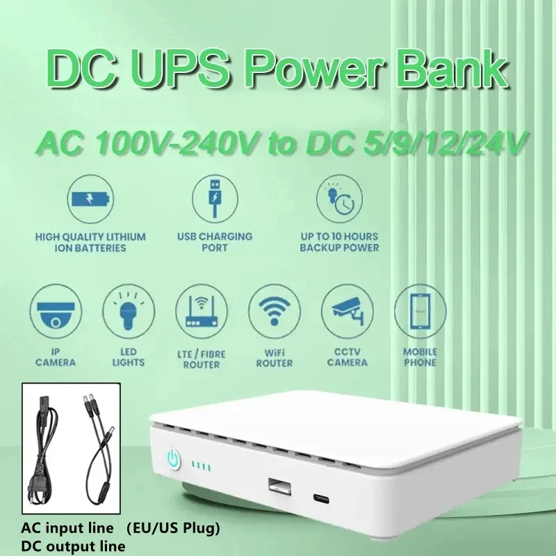 DC Power Supply Uninterruptible Power Supply Portable UPS Mini UPS Mini DC UPS Backup Power Bank with Lithimum Battery, USB, Type-C, POE, Wi-Fi Router, IP Camera, 5V, 9V, 12V, 15V, 24V, 10400mAh,
