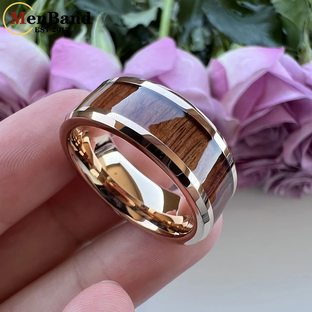 MenBand Fashion 8MM Vintage Men Women Tungsten Wedding Band Ring Hawaiian Koa Wood Inlay Beveled Edges Polished Comfort Fit