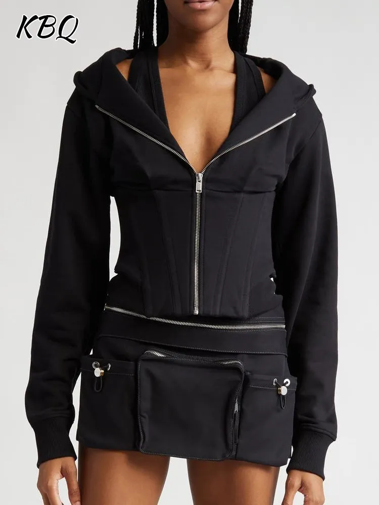 

KBQ Casual Solid Sweatershirts For Women Hooded Off Shoulder Long Sleeve Spliced Zipper Slimming Sweatershirt Female Fashion New