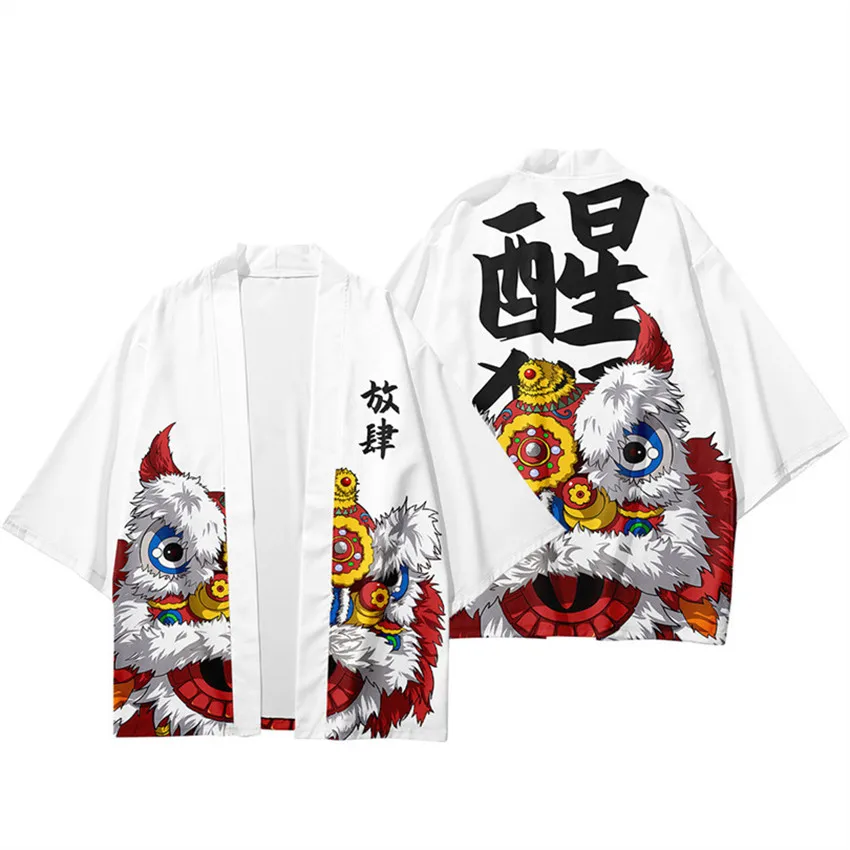 Chinese Dragon Lion Dance Print Shirt Clothing Traditional Haori Cosplay Kimono Women Men Japanese Streetwear Cardigan Yukata