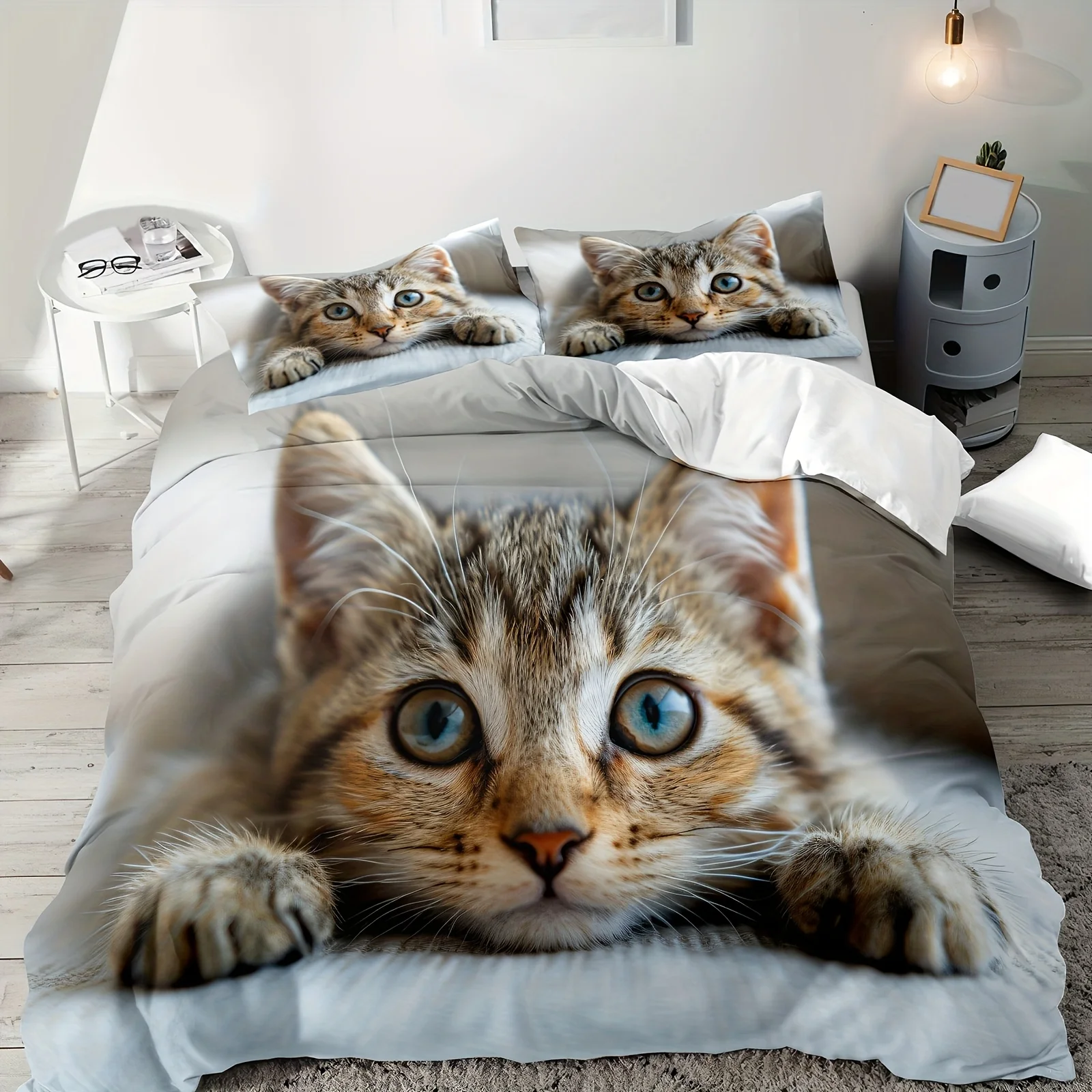 2/3pcs, Cat Pattern Print, Bedding Set, Suitable for Boys' And Girls' Bedroom Use, Machine Washable.