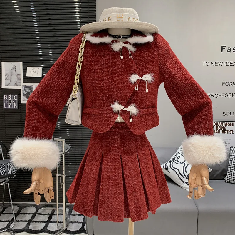 

Temperament plush patchwork sleeve slanted placket tweed sweet coat pleated skirt two-piece set dress sets