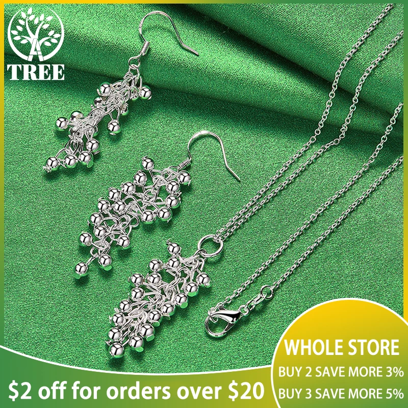 

ALITREE 2pcs 925 Sterling Silver Jewelry Set For Women Smooth Grape Beads Pendant Necklace Earring Lady Birthday Wedding Gift