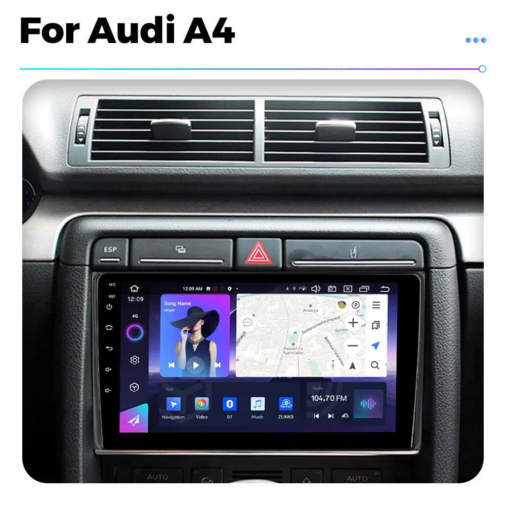 아우디 A4 2K 터치 스크린 차량용 멀티미디어 라디오 네비게이션 GPS 스테레오 헤드 유닛, AI 음성 무선 카플레이, 블루투스 DSP RDS