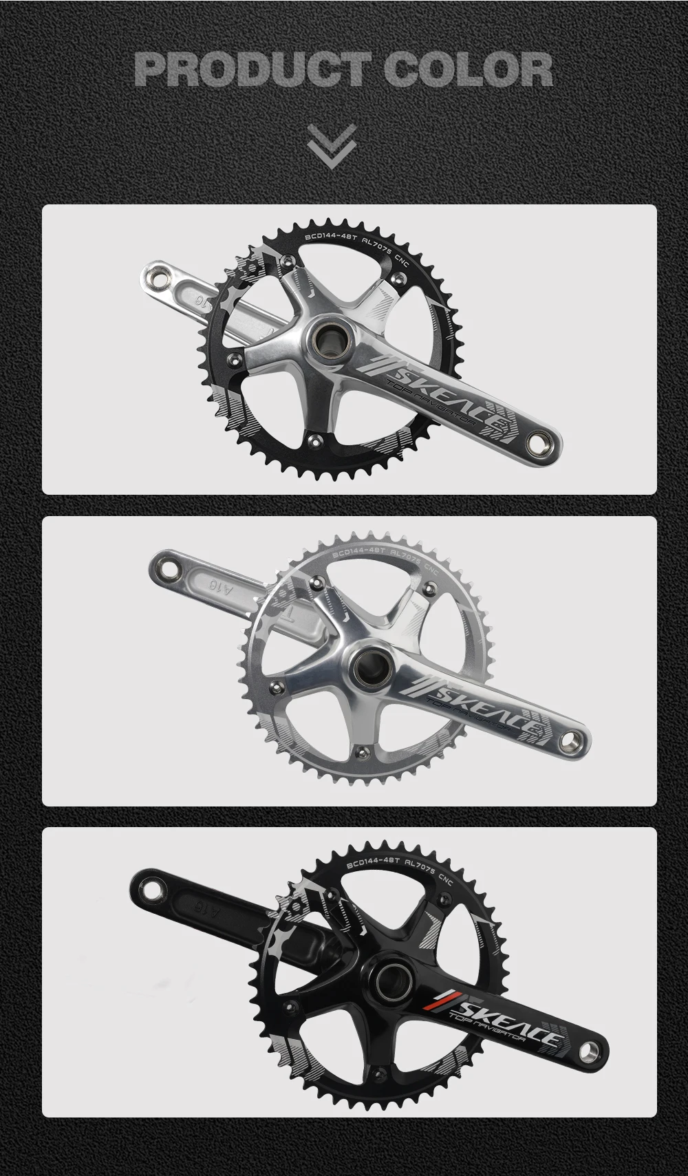 Description Picture 6 of itemSKEACE High Strength Aluminum Alloy Fixed Gear Crank 48T 3D Density Forging Integrated Crankset 144BCD BMX Racing Bicycle Part