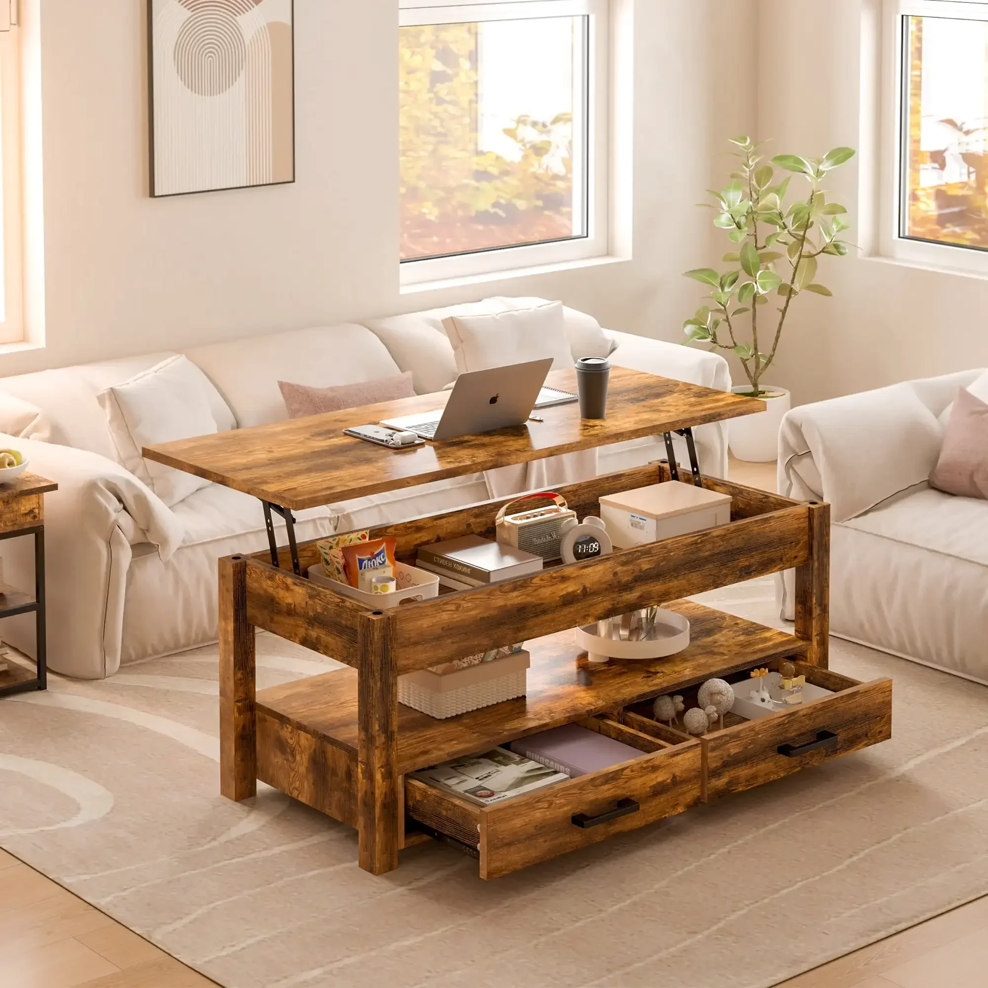 Lift Top Coffee Table with 2 drawers,Wooden Convertible Coffee Table with Storage for Living Room,center Table,Brown,42" 2