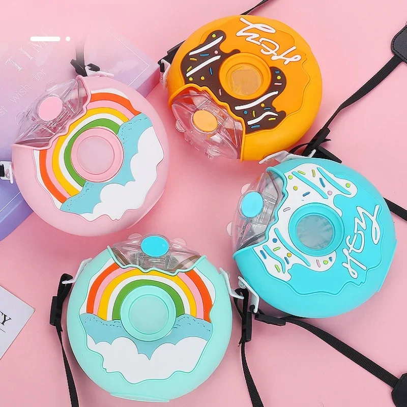 380ml Donut Water Bottle with Straw BPA Free Leak Proof Sports Cups Toddler Drink Bottle with Shoulder Straps Baby Straw