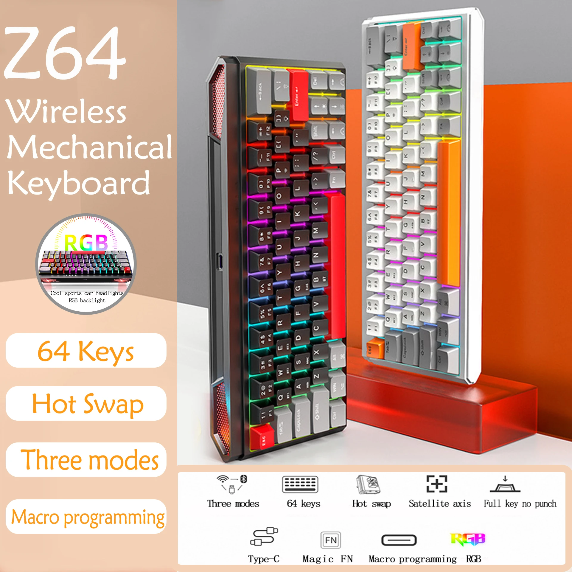

Z64 Wireless Mechanical Gamer Keyboard RGB Backlight Hot Swap BT5.0 2.4G Type-C Wired 60% Mini Keyboard For PC Computer Laptop