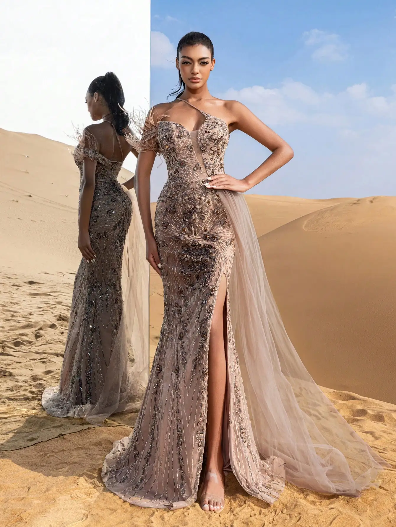 رائع غير متناظرة الرقبة رايات الجانب حورية البحر ت...