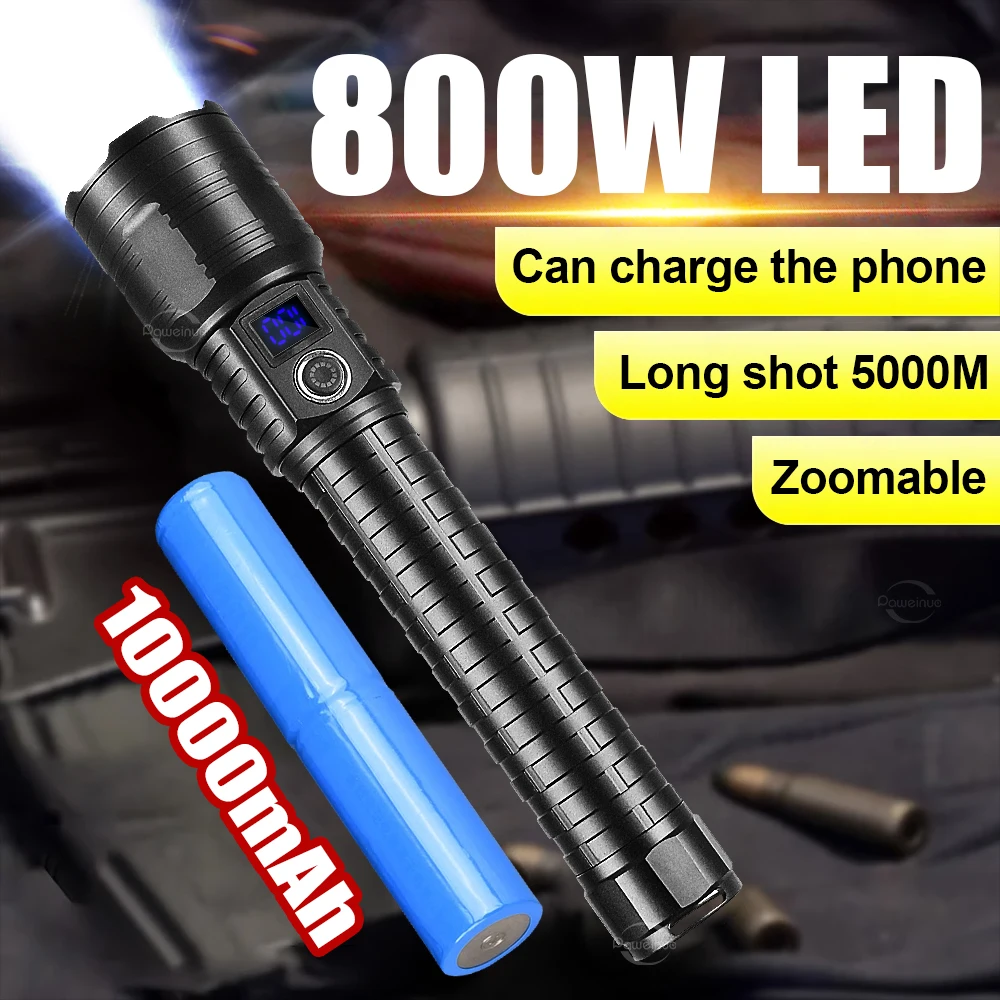 2024 매우 강력한 손전등 800W 충전식 토치 라이트 10000mAh XHP360 고..