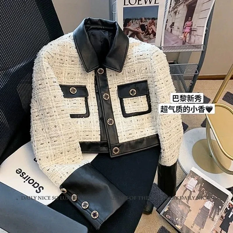 

2024 Spring and Autumn New Contrast Small Fragrant Tweed Leather Splicing French Slim and White Short Coat Ladies Outside