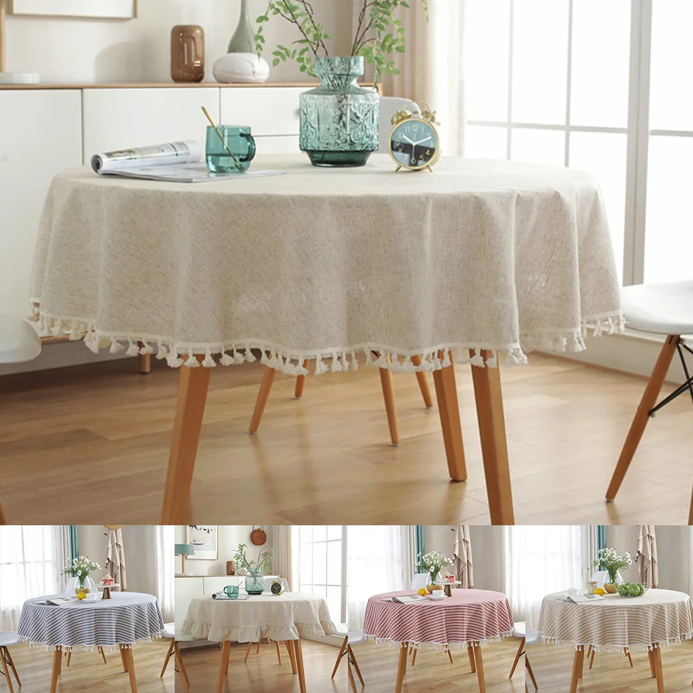 

Solid Color Round Tablecloth Cotton Linen Fabric Tassel Dust-Proof Table Cover for Kitchen Dinning Farmhouse Tabletop Decoration